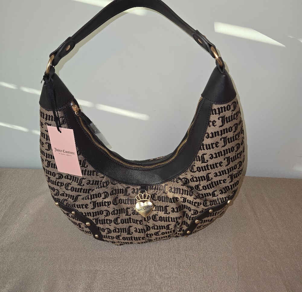 Juicy Couture Taupe Dark Brown Logo Print Hobo Shoulder Bag Heart Charm NWT